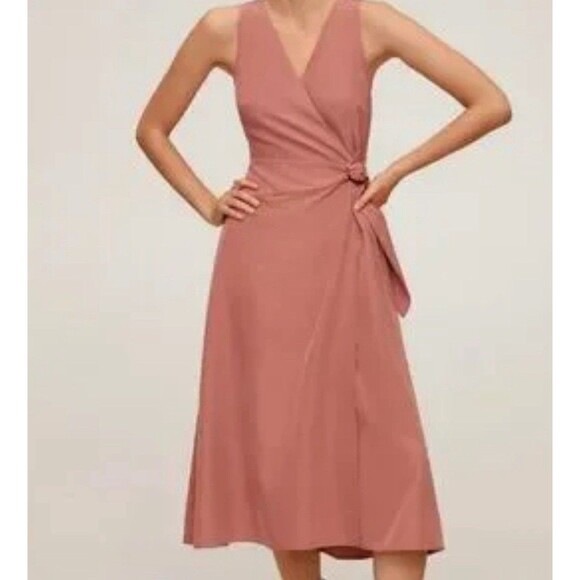 Mango MNG Sleeveless Wrap Midi V-Neck Dress Salmon Pink-6 - Picture 1 of 16